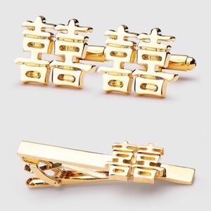 NEW Chinese groom gold tie clip double happiness cufflink Groomsmen gift Set